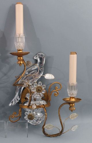 Antique Maison Bagues French Gilt Brass & Cut Crystal Parrot Lamp Sconces 4