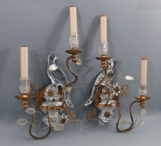 Antique Maison Bagues French Gilt Brass & Cut Crystal Parrot Lamp Sconces 8