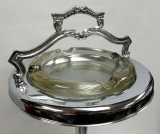 Art Deco Chrome Floor Ashtray Cigar Room Lounge Smoking Stand Slag Glass 1950s 2 5