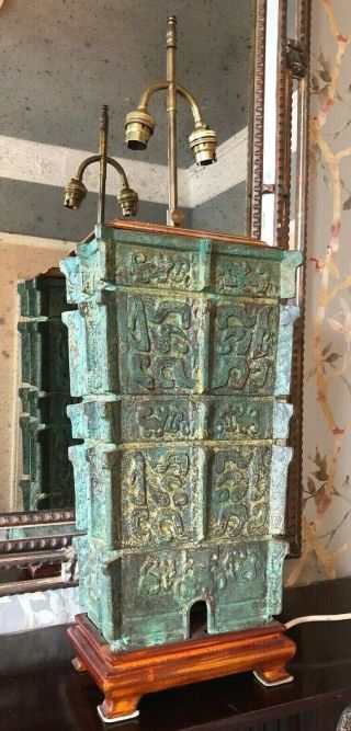 Antique Chinese Large Cast Bronze Vase/lamp Mounted On Solid Wood Base