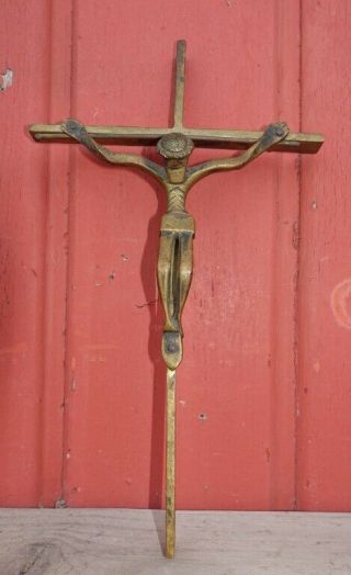 Vtg Insane Modernist Religious Crucifix Christ Cross Handmade Solid Bronze Brass