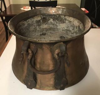 Large Antique Copper Pot Hand Forged 16”x 10” Iron Handles / Straps Primitive