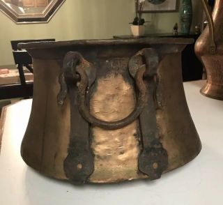Large Antique Copper Pot Hand Forged 16”x 10” Iron Handles / Straps Primitive 2
