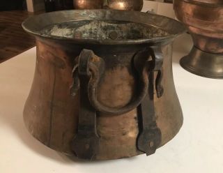 Large Antique Copper Pot Hand Forged 16”x 10” Iron Handles / Straps Primitive 6