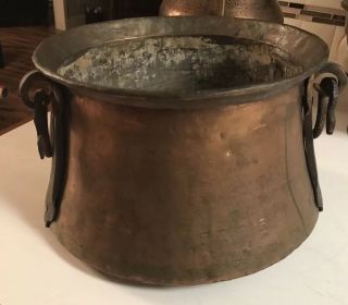 Large Antique Copper Pot Hand Forged 16”x 10” Iron Handles / Straps Primitive 7
