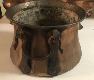 Large Antique Copper Pot Hand Forged 16”x 10” Iron Handles / Straps Primitive 9
