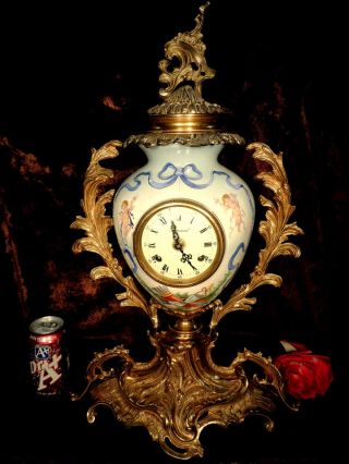Antique Ornate Sevres Style Porcelain Clock Brass Cherubs Angels German Movement
