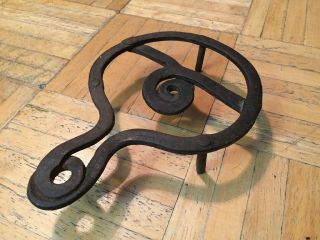 18th Century Hand Forged Iron Trivet Great Circle Form W Spiral Center & Handle