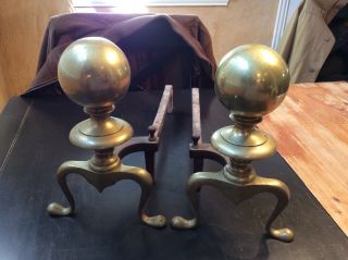 Vintage Antique Brass Cannon Ball Andirons 4r 2l