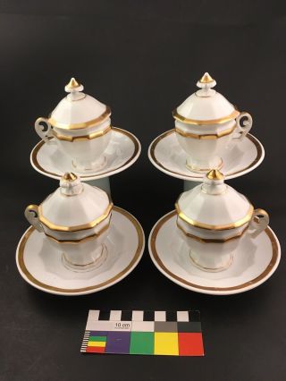 6 Old Paris Porcelain Pots De Crème Set Lids Saucers Dessert Cups French Empire