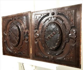 Pair Gothic Coat Of Arms Panel Antique French Carved Wood Architectural Salvage