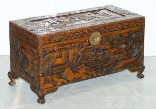Chinese Japanese Export Claw & Ball Vintage Chest Trunk Box Cranes Rural Schenes