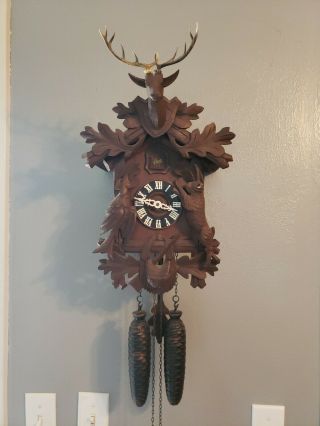 Schatz Antique Old Vintage Cuckoo Clock 2 Weight Wall Hunter Deer Rabbit