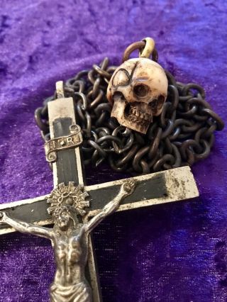 Antique Ww1 German Memento Mori Skull & Large Crucifix & Bronze Chain.  Vanitas