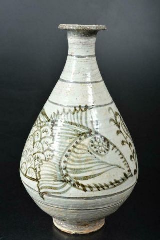 S7388: Xf Korean Joseon Dynasty Buncheong Fish Pattern Flower Vase Ikebana