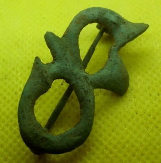 Ancient Celtic Roman Bronze Stylized War Trumpets Fibula Brooch - 100bc / 100 Ad