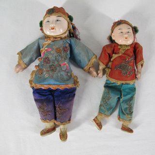 Pair 1800’s Qing Republican Period China Trade Silk Embroidery Export Dolls Yqz