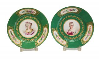 Pair Sevres France Hand Painted Porcelain Cabinet Plates,  Circa 1900