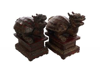 Chinese 19th Century Turtles - Carved Wood,  Red Lacquer & Gold Gilt - A Pair