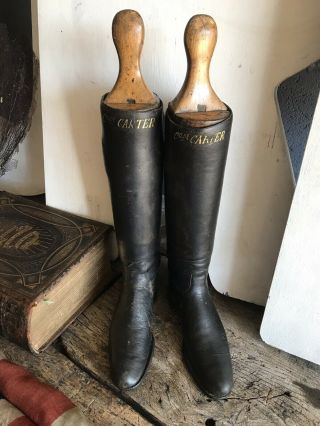 Antique Vintage Black Leather Riding Boots Wooden Lasts Trees Captain Carter