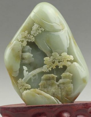 Chinese Old Natural Jade Hand - Carved Moutians And Waters Statue With Stand