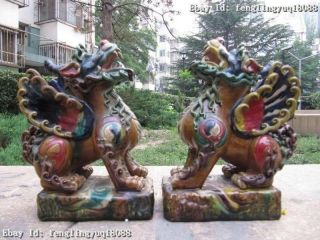 8 " Chinese Folk Wu Cai Porcelain Kylin Beast Foo Dog Fu Lion Pair