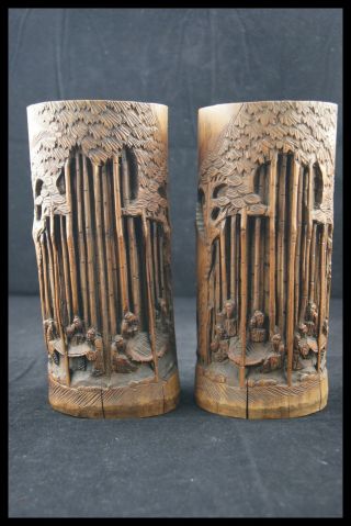 Antique Chinese Brush Pot Hand Carved Bamboo Qing Dynasty 竹林七贤笔筒 China