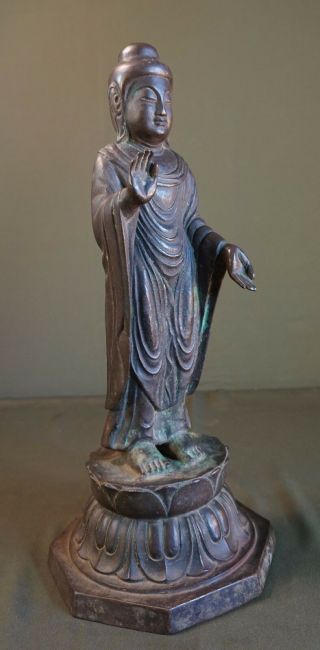 Very Rare XLarge Korean Joseon Dynasty Bronze Buddha Statue Lotus 8 Sided Stand 8