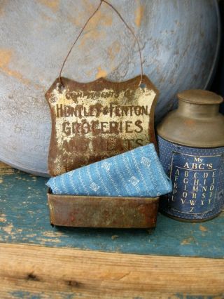 Antique Tin Match Safe Holder Advertising Huntley Fenton Groceries