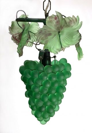Antique Murano Glass Pendant Light With Green Grapes And Variegated Leaves - Fab