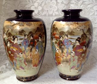 Large Pr.  Antique Japanese Satsuma Vases,  Hand Painted,  C1900,  Signed.  H12 " - 30cm