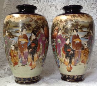 Large Pr.  Antique Japanese Satsuma Vases,  Hand Painted,  C1900,  Signed.  H12 