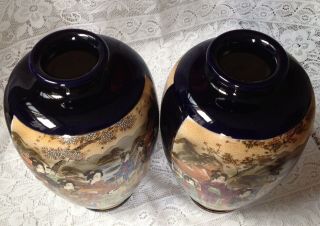 Large Pr.  Antique Japanese Satsuma Vases,  Hand Painted,  C1900,  Signed.  H12 