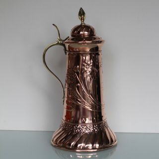 Large WMF Art Nouveau brass copper wine claret decanter tankard. 11