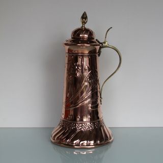 Large Wmf Art Nouveau Brass Copper Wine Claret Decanter Tankard.