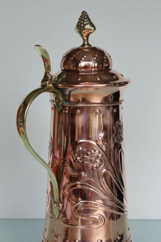 Large WMF Art Nouveau brass copper wine claret decanter tankard. 4