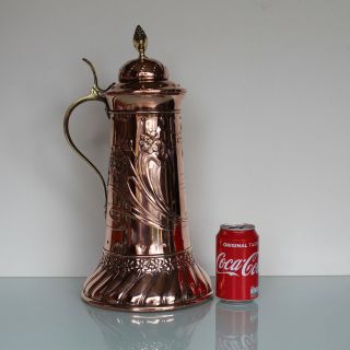 Large WMF Art Nouveau brass copper wine claret decanter tankard. 8