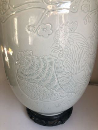 Large Chinese Celadon Porcelain Chicken Vase On Wooden Stand Two Character Mark 4