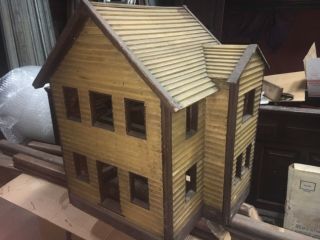 c1910 architectural house model wooden 30” h x 21” d x 28” w mustard & brown 5