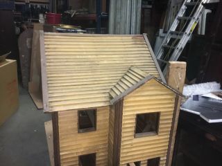 c1910 architectural house model wooden 30” h x 21” d x 28” w mustard & brown 6