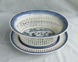 Chinese Canton Blue & White Reticulated Chestnut Basket Bowl With Underplate