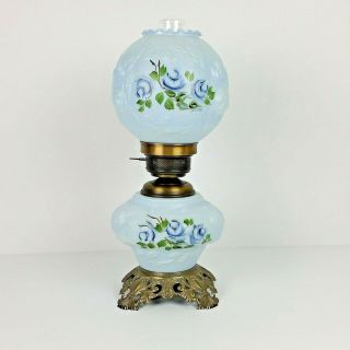 Vtg Rare Blue Puffy Roses Hurricane Lamp Gwtw Table Hand Painted Signed 20 " A,