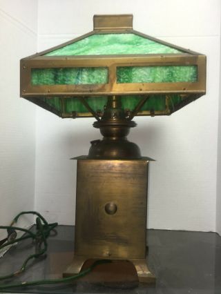Antique Mission Arts Craft Green Slump Slag Lamp Converted Oil Lamp Base