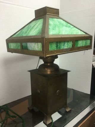 Antique Mission Arts Craft Green Slump Slag Lamp Converted Oil Lamp Base 2