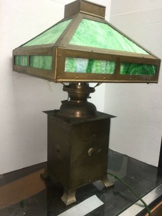 Antique Mission Arts Craft Green Slump Slag Lamp Converted Oil Lamp Base 3