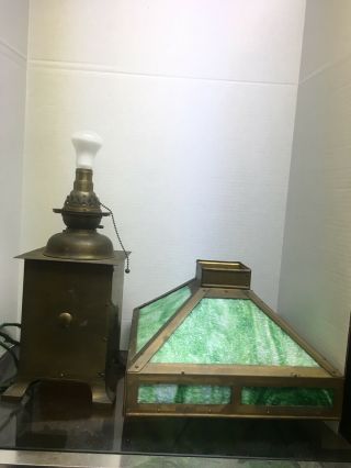 Antique Mission Arts Craft Green Slump Slag Lamp Converted Oil Lamp Base 6