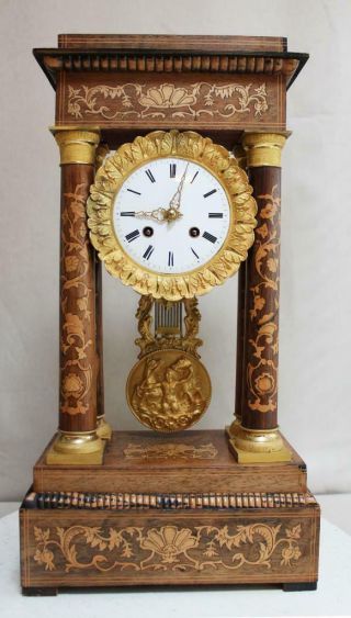 Hughe Antique French Empire Column Clock Satinwood Marquetry Gilt Bronze Portico