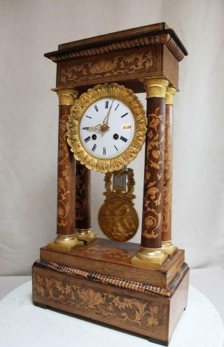 HUGHE ANTIQUE FRENCH EMPIRE COLUMN CLOCK SATINWOOD MARQUETRY GILT BRONZE PORTICO 2