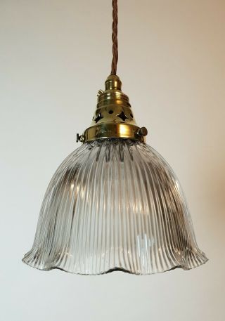 Single Holophane Pendant Ceiling Light With Brass Gallery