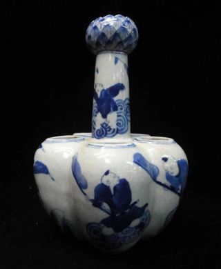 Very Fine Old Chinese Blue White Five Tubes Lotus Porcelain Vase " Kangxi " Mark